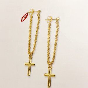 14K Real Gold Cross Dangle Post Drop Earrings